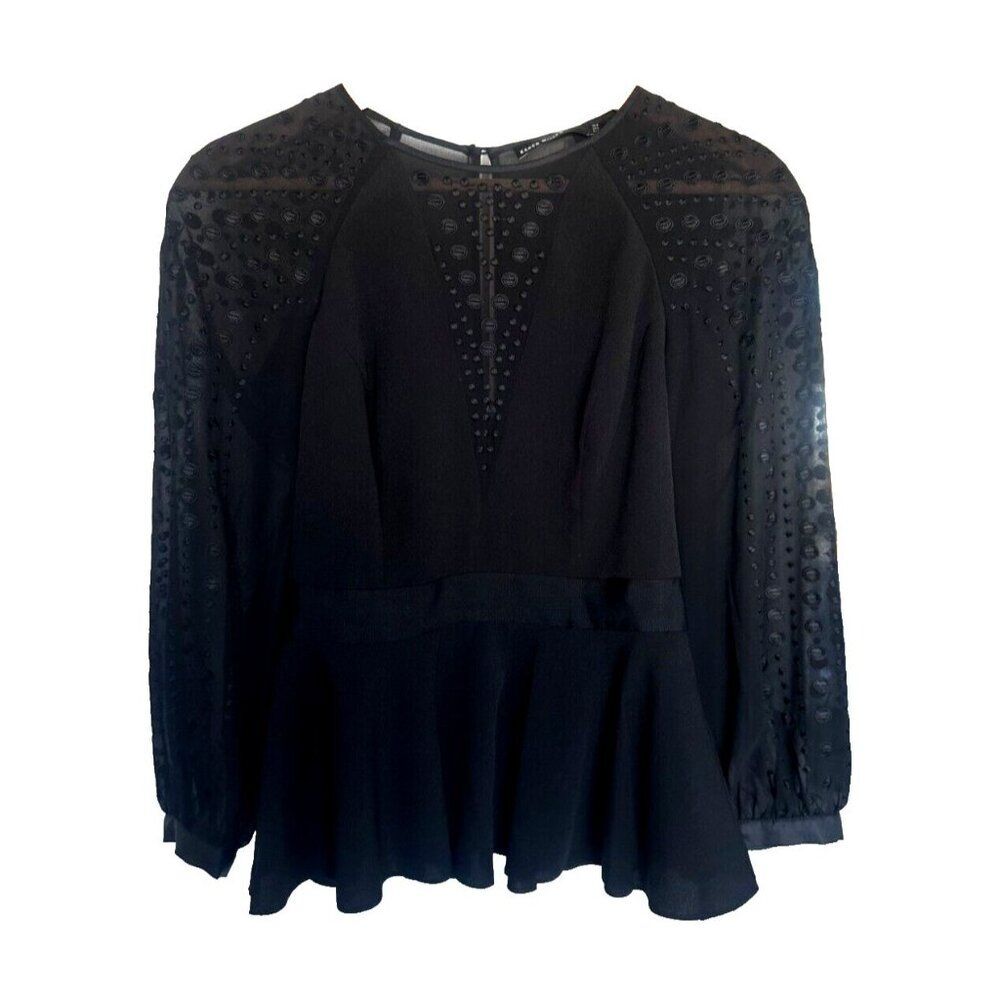 Karen Millen Women's US 4 Black Semi Sheer Dotted Sleeve Blouse Top